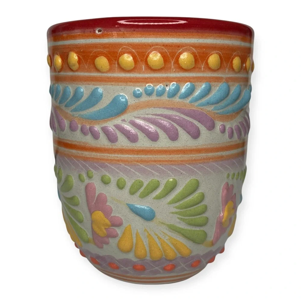 Colorful Televera Salazar Pue Mexico Ceramic Art Tumbler Cup 4.25” x 3.5”
